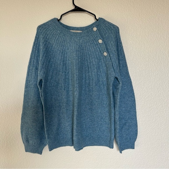 LOFT Sky Blue Crew Neck Sweater with Shoulder Buttons, Soft, Cozy, Comfy, Warm - Picture 2 of 8